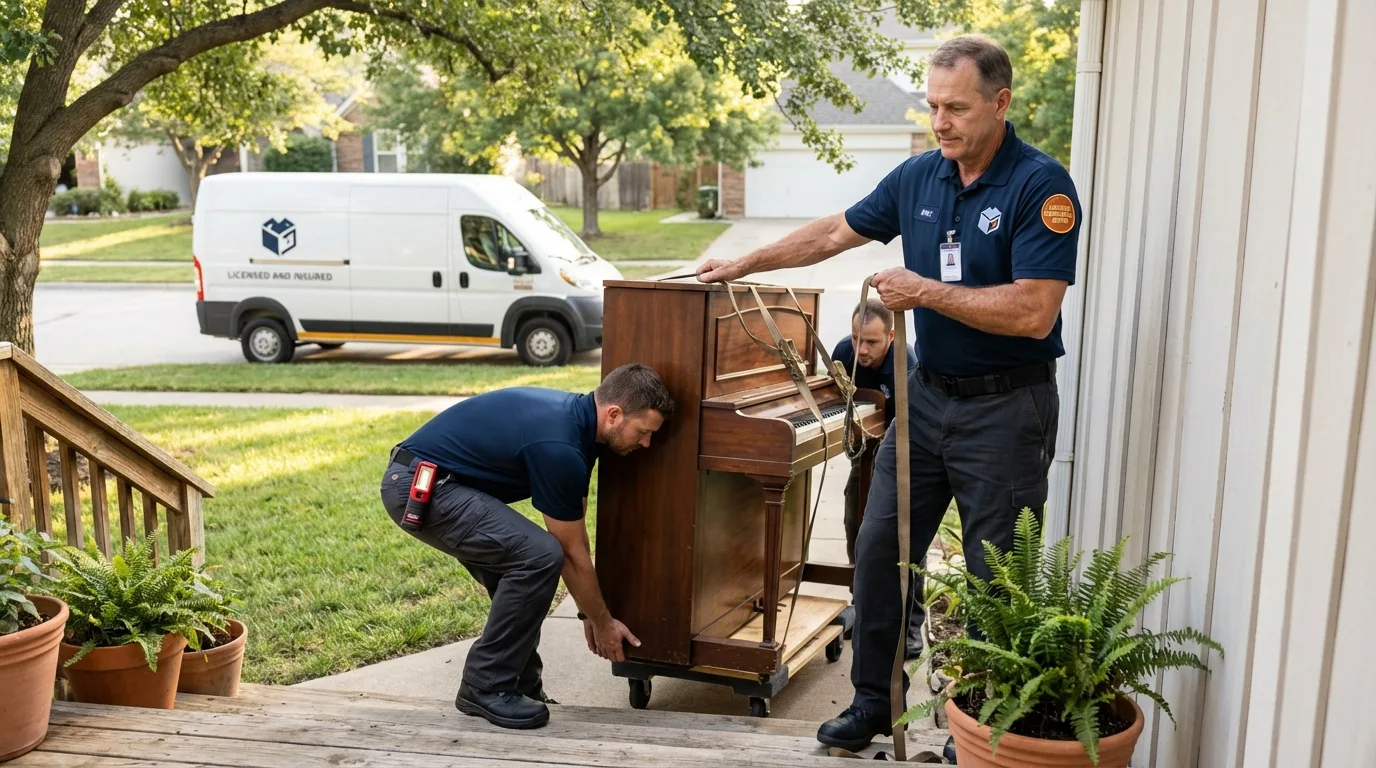 Licensed piano movers securing grand piano in Middlefield, OH