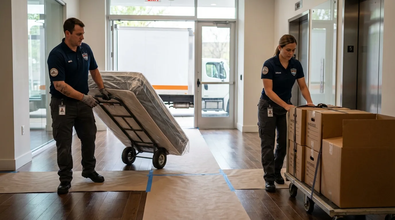 Professional apartment movers loading elevator in Middlefield, OH