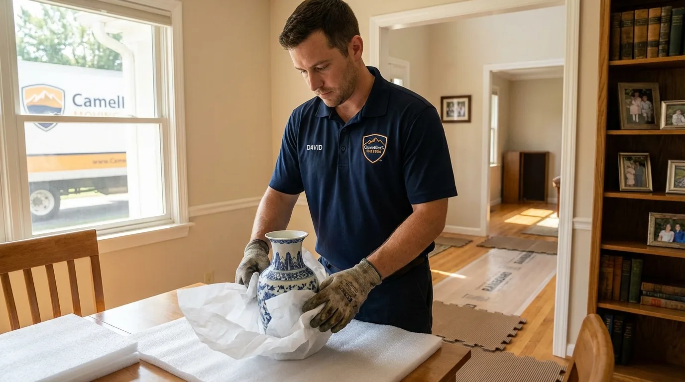 Professional crew carefully wrapping antique vase for senior downsizing move in Middlefield, OH